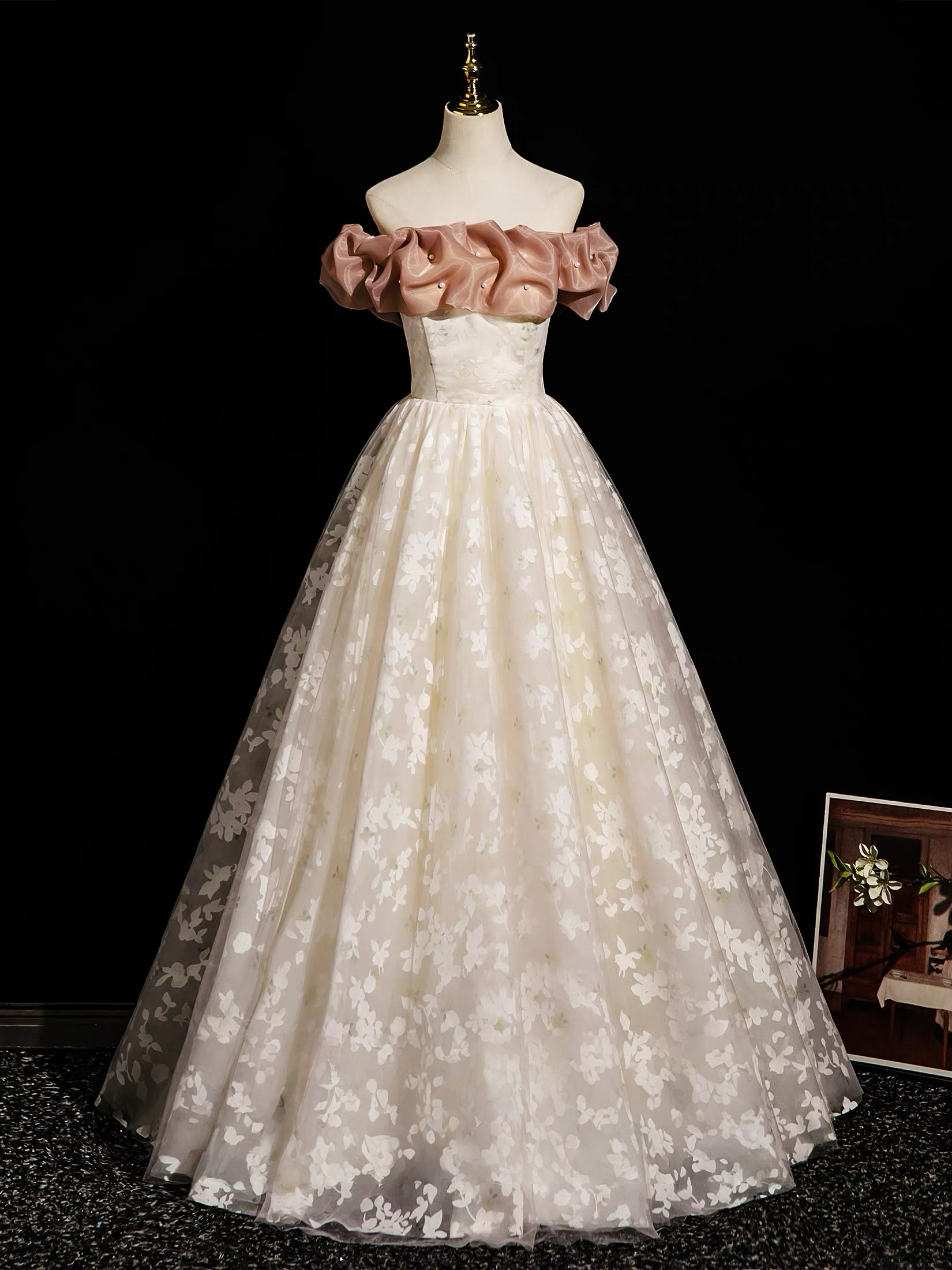 Champagne A-Line Lace Long Prom Dress, Champagne Long Evening Dress