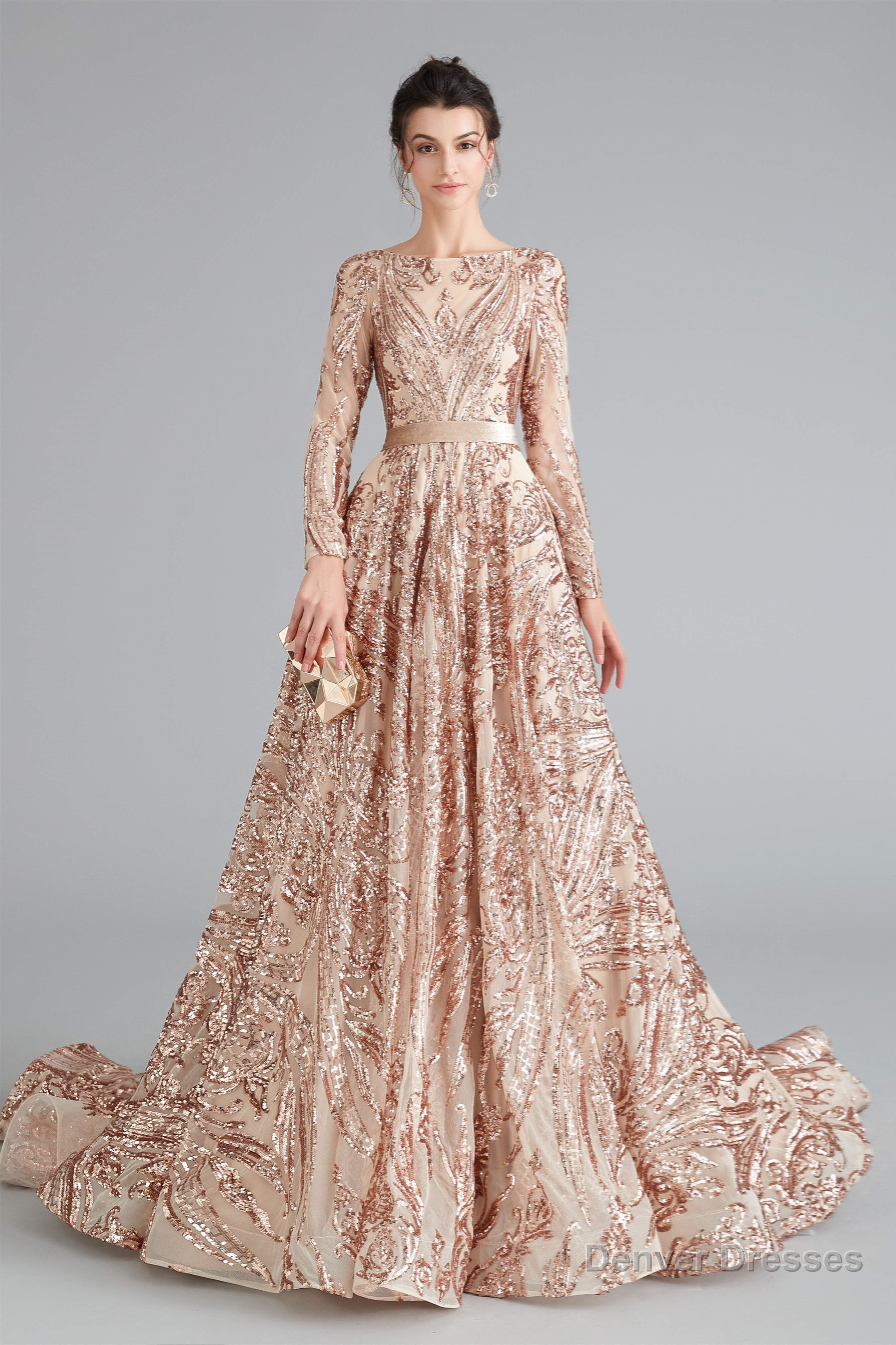 A-Line Luxury Sequins Long Sleeve Backless Prom Dresses Secondary image