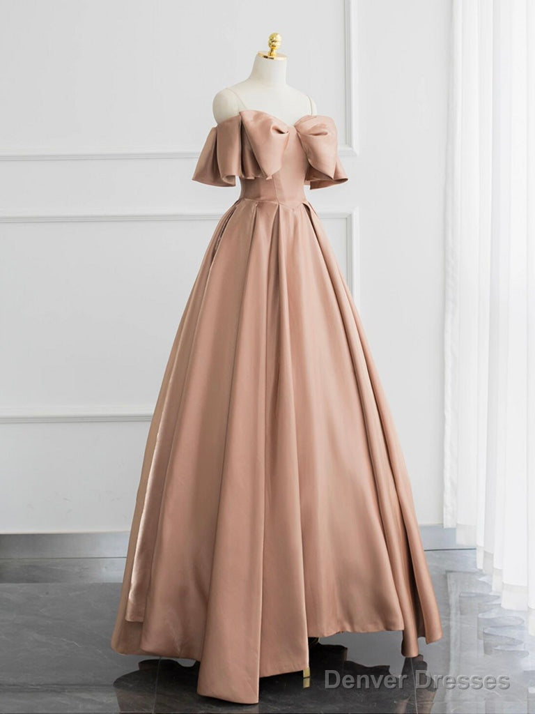 Champagne A-Line Off Shoulder Satin Long Prom Dress, Champagne Formal Dress