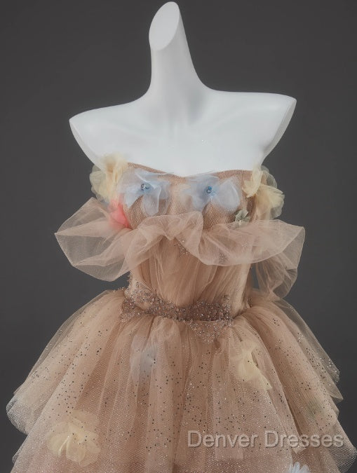 Champagne A-Line Off Shoulder Tulle Sequin Long Ball Dress Cute Layered Dress Secondary image