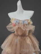 Champagne A-Line Off Shoulder Tulle Sequin Long Ball Dress Cute Layered Dress