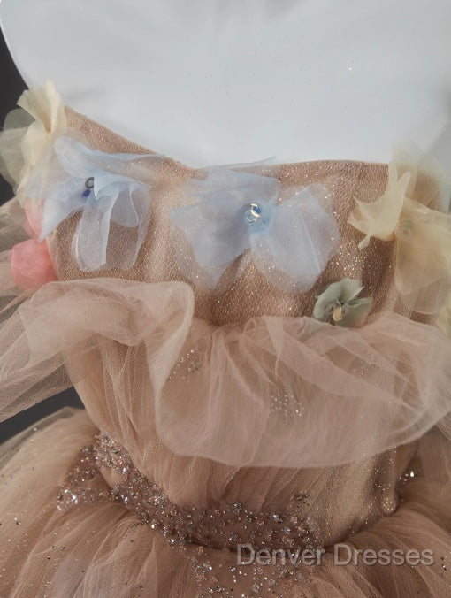 Champagne A-Line Off Shoulder Tulle Sequin Long Ball Dress Cute Layered Dress
