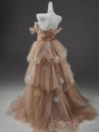 Champagne A-Line Off Shoulder Tulle Sequin Long Ball Dress Cute Layered Dress
