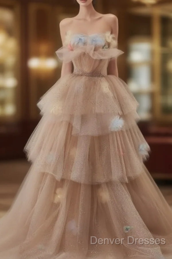 Champagne A-Line Off Shoulder Tulle Sequin Long Ball Dress Cute Layered Dress Main image