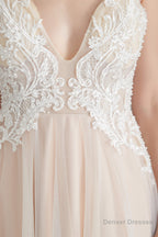 Champagne A-line Prom Dresses with Lace Top