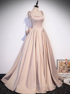 Champagne A-Line Satin Long Prom Dress, Champagne Evening Dress
