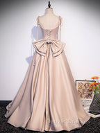 Champagne A-Line Satin Long Prom Dress, Champagne Evening Dress