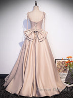 Champagne A-Line Satin Long Prom Dress, Champagne Formal Evening Dress