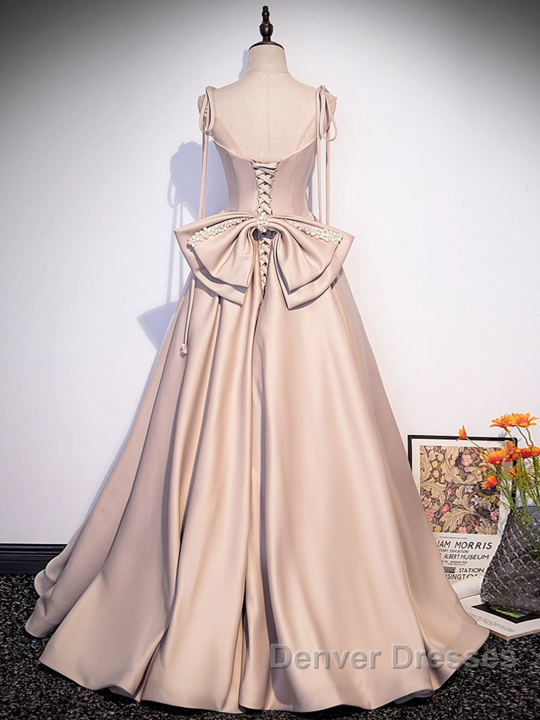 Champagne A-Line Satin Long Prom Dress, Champagne Formal Evening Dress
