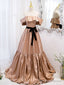 Champagne A Line Satin Off Shoulder Long Prom Dress Champagne Evening Dress