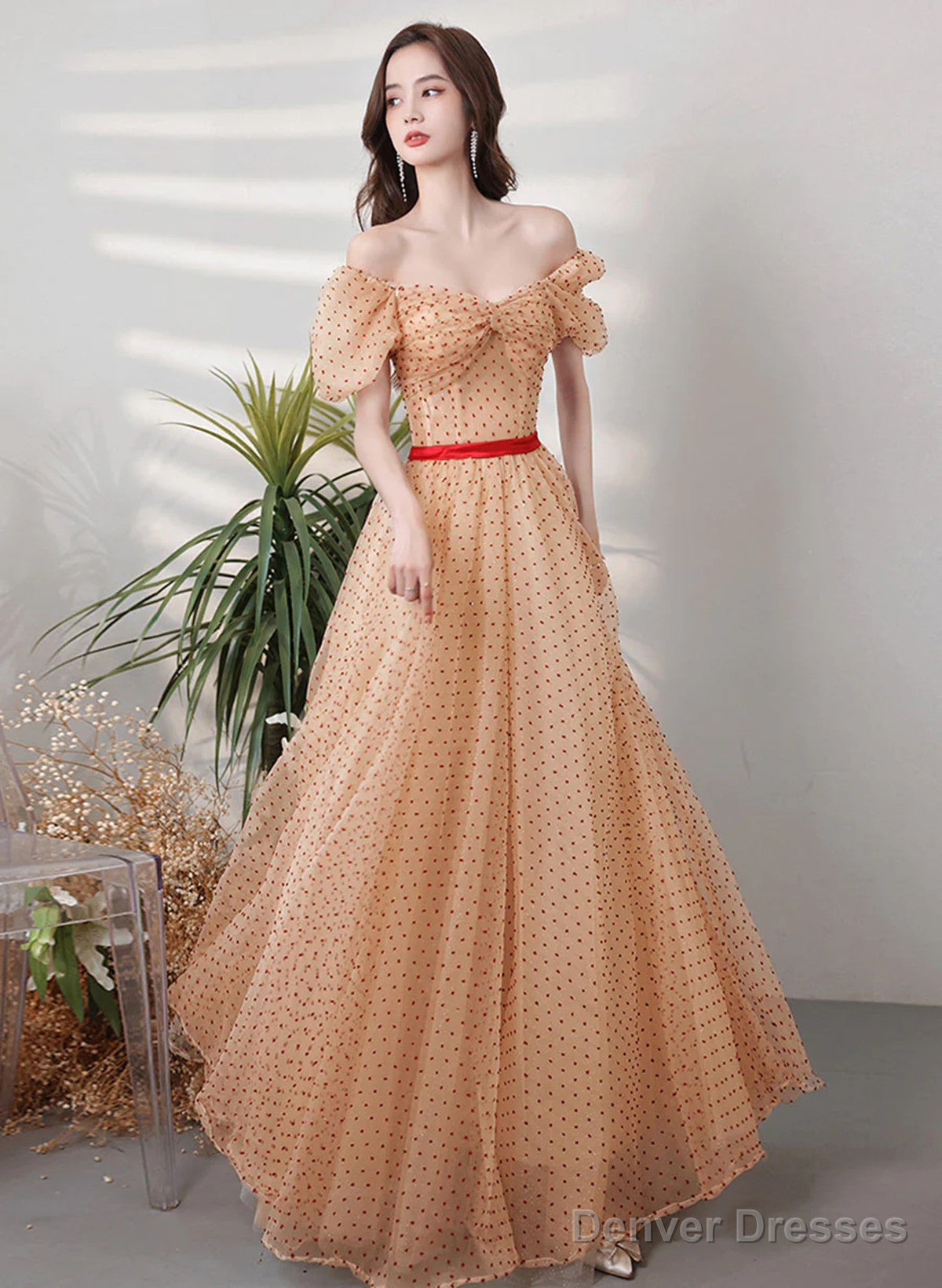 Champagne A-Line Short Sleeves Prom Dress, Champagne Tulle Evening Dress Secondary image