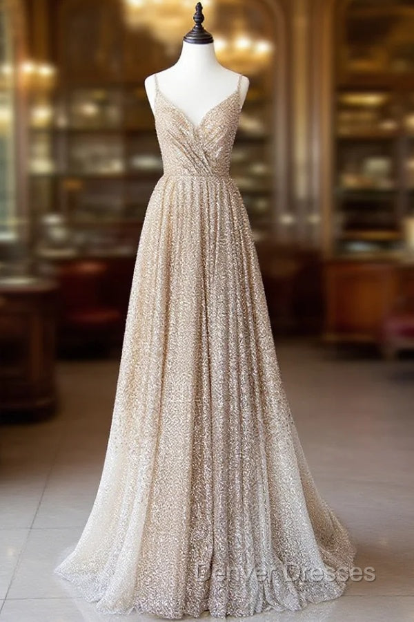 Champagne A Line Spaghetti Strap Sequins Long Prom Dress Evening Dress Main image