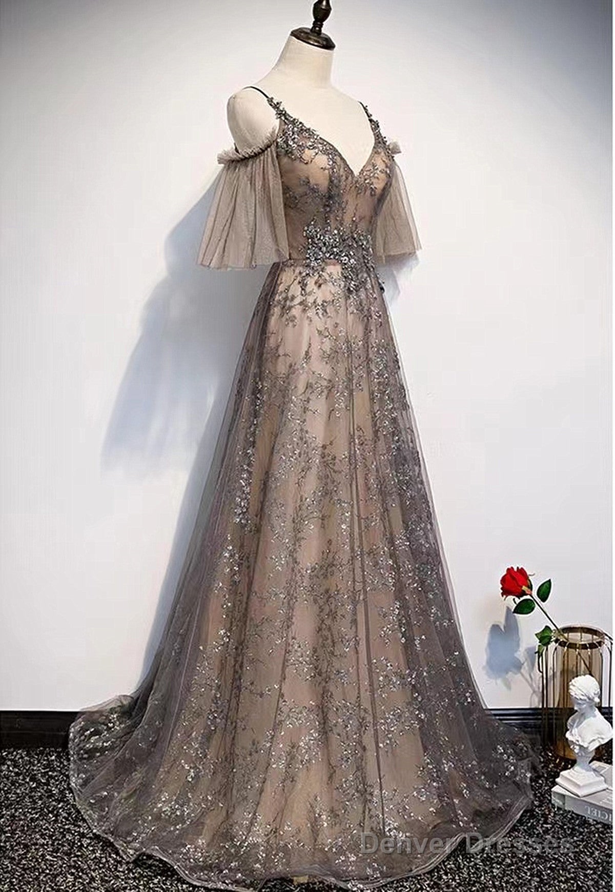 Champagne A-Line Straps Lace Low Back Prom Dress, A-Line Evening Dress Secondary image