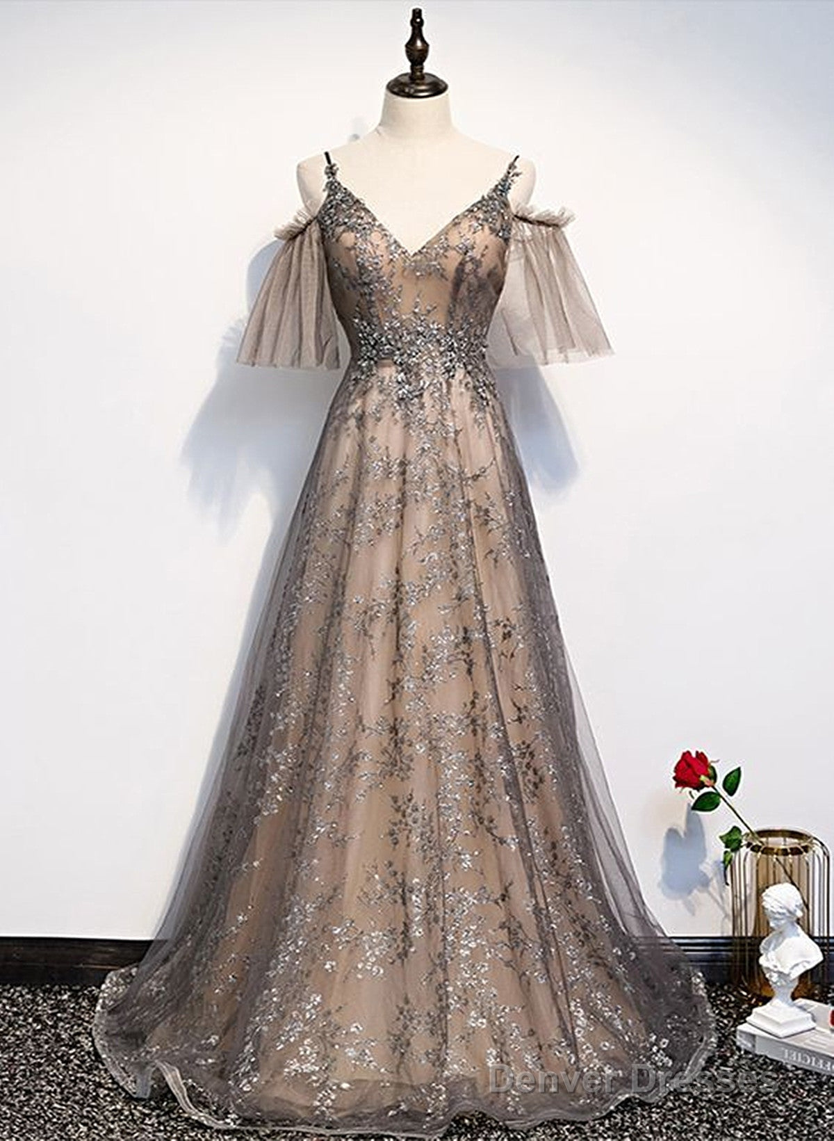 Champagne A-Line Straps Lace Low Back Prom Dress, A-Line Evening Dress