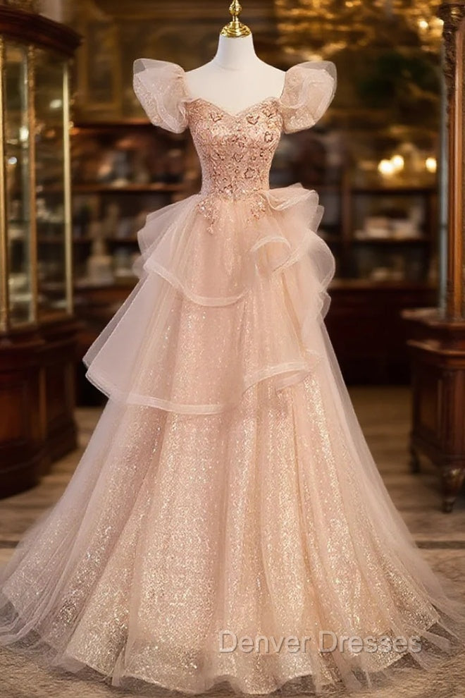 Champagne A-Line Tulle BeadedLong Prom Dress, Champagne Formal Dress Main image