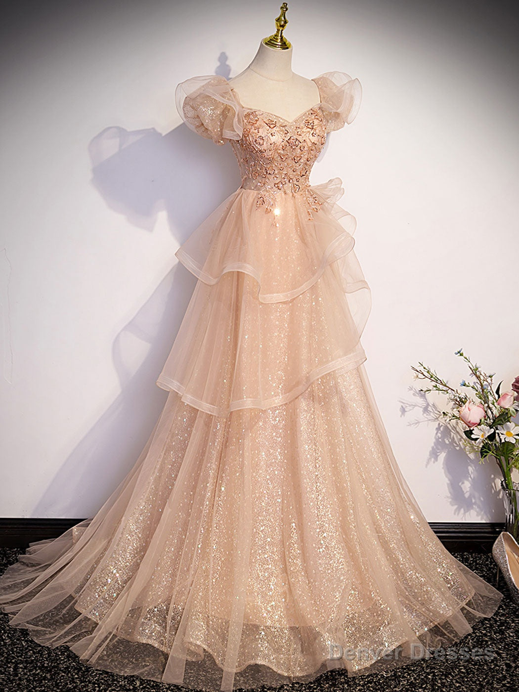 Champagne A-Line Tulle Beading Long Prom Dress, Champagne Formal Dresses Secondary image