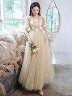 Champagne A-Line Tulle Lace Long Prom Dress, Champagne Evening Dress