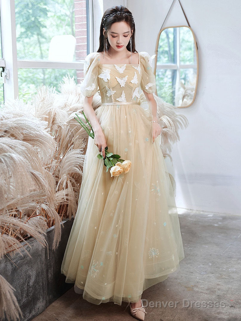 Champagne A-Line Tulle Lace Long Prom Dress, Champagne Evening Dress