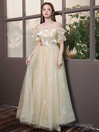 Champagne A-Line Tulle Lace Long Prom Dress, Champagne Evening Dress