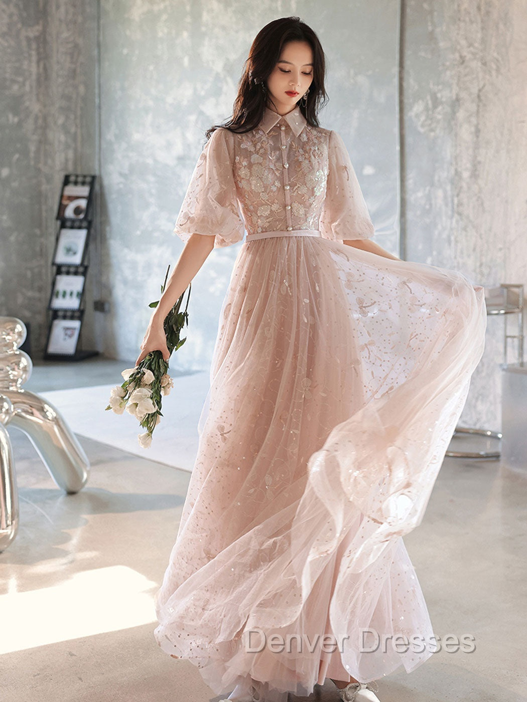 Champagne A-Line Tulle Lace Long Prom Dress, Champagne Formal Dress Secondary image