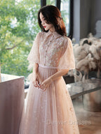 Champagne A-Line Tulle Lace Long Prom Dress, Champagne Formal Dress