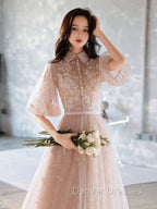 Champagne A-Line Tulle Lace Long Prom Dress, Champagne Formal Dress