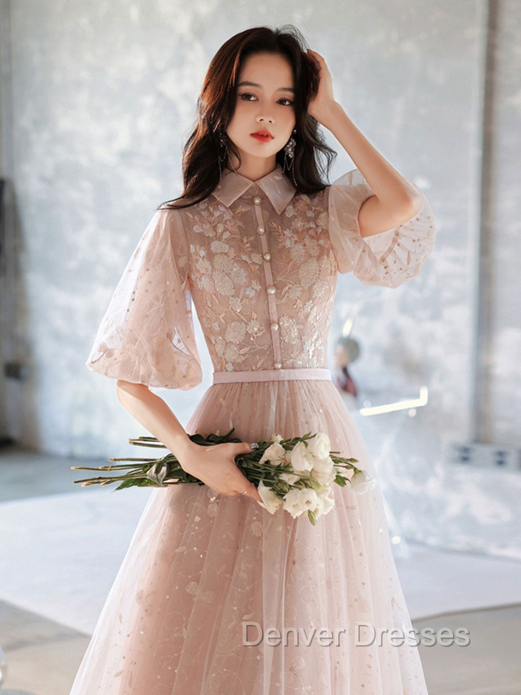 Champagne A-Line Tulle Lace Long Prom Dress, Champagne Formal Dress