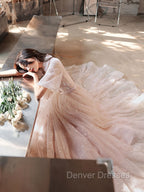 Champagne A-Line Tulle Lace Long Prom Dress, Champagne Formal Dress