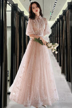 Champagne A-Line Tulle Lace Long Prom Dress, Champagne Formal Dress