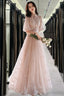 Champagne A-Line Tulle Lace Long Prom Dress, Champagne Formal Dress