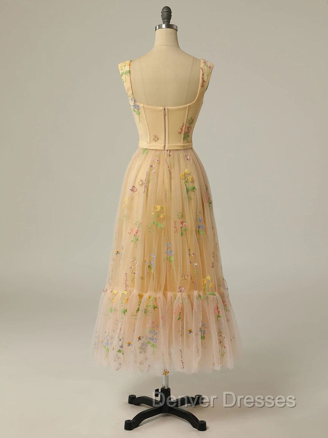 Champagne A Line Tulle Lace Tea Length Prom Dress, Champagne Evening Dress Secondary image