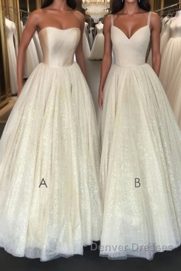 Champagne A-line tulle long prom Dress champagne evening Dress