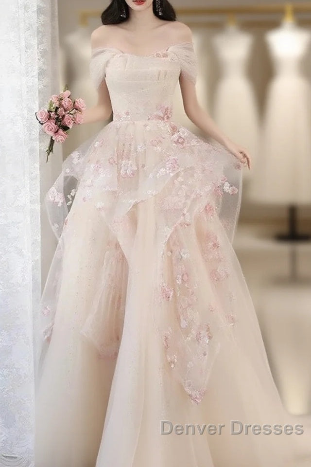 Champagne A-Line Tulle Sequins Long Prom Dress Embroidery Applique Formal Evening Dress Main image