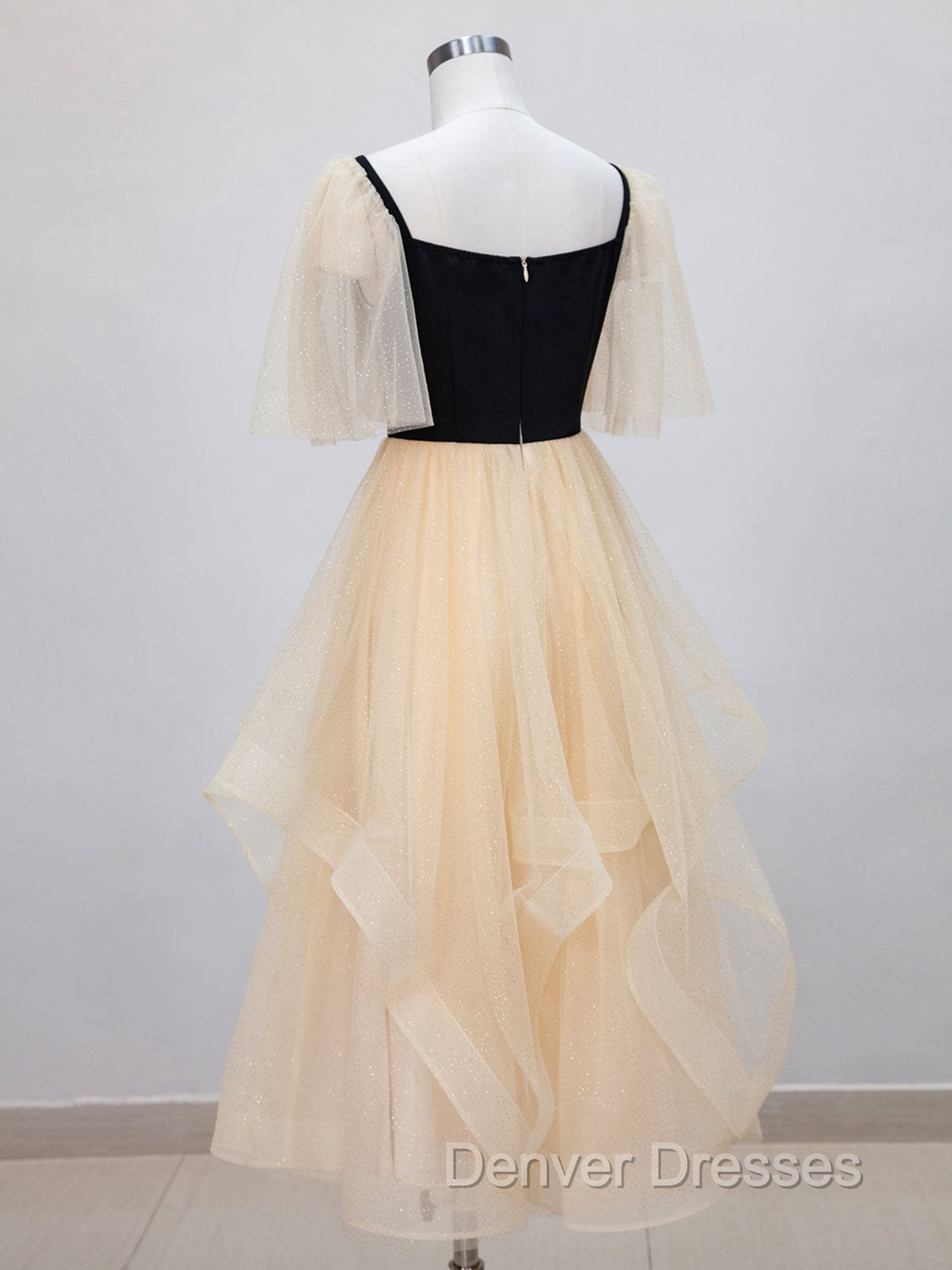 Champagne A-Line Tulle Short Prom Dress, Champagne Formal Dress Secondary image