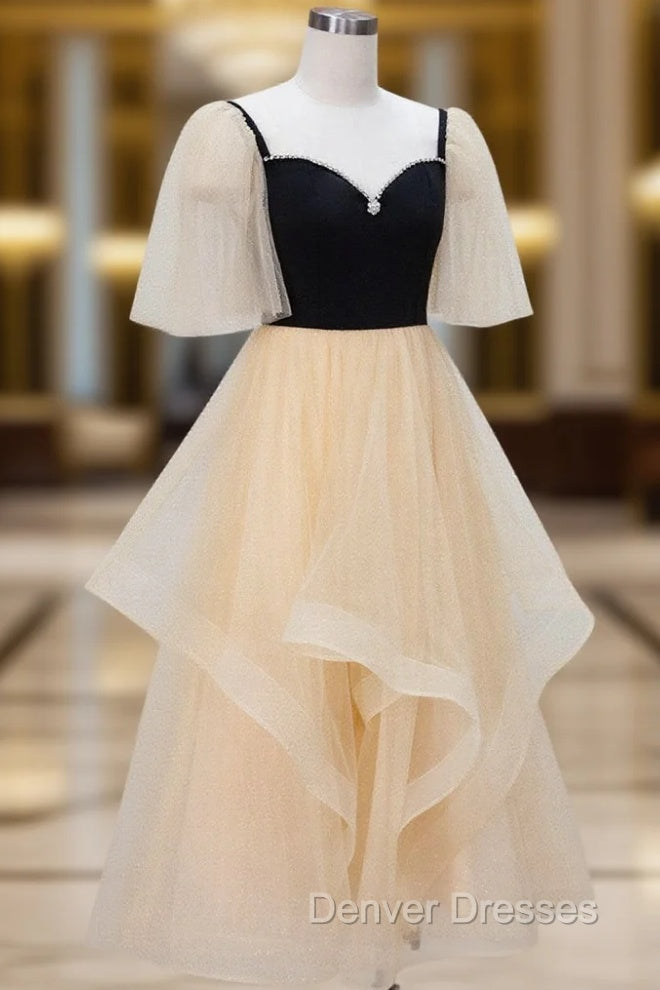 Champagne A-Line Tulle Short Prom Dress, Champagne Formal Dress Main image