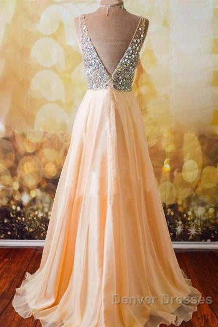 Champagne A-Line  V Neck Chiffon Long Prom Dress, Formal Dress