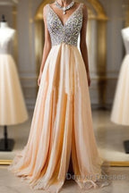 Champagne A-Line  V Neck Chiffon Long Prom Dress, Formal Dress