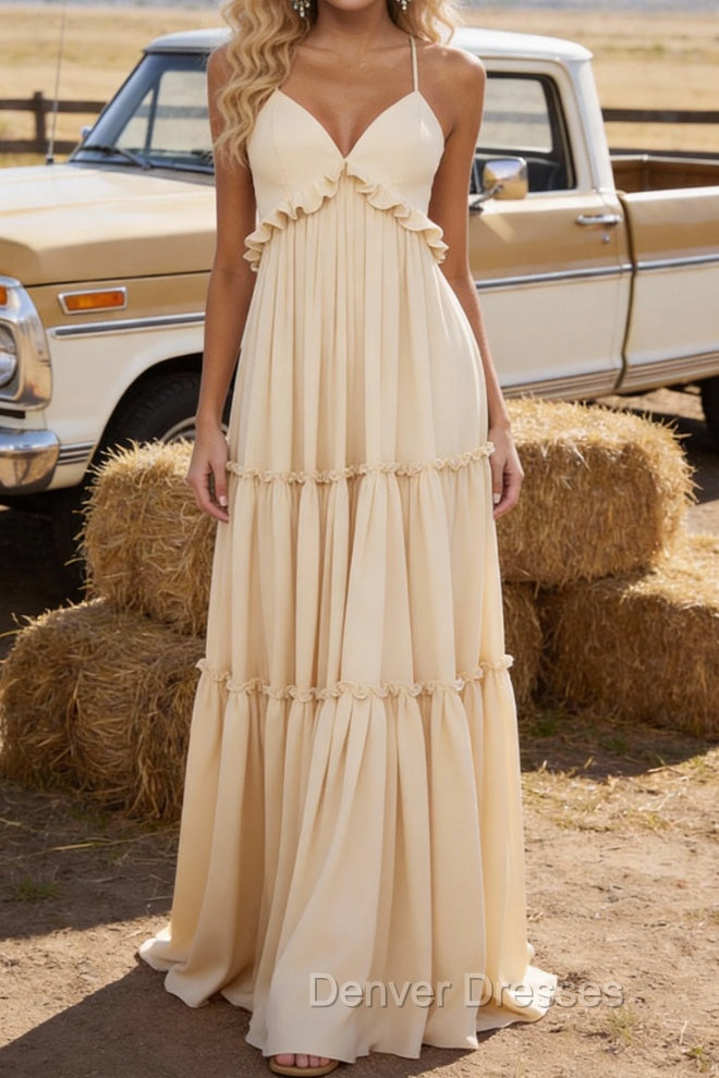 Champagne A-line V Neck Sleeveless Floor-Length Chiffon Prom Dress Long Prom Dresses Backless with Pleated Ruffles Secondary image