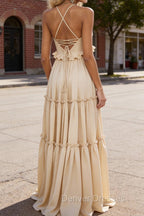 Champagne A-line V Neck Sleeveless Floor-Length Chiffon Prom Dress Long Prom Dresses Backless with Pleated Ruffles
