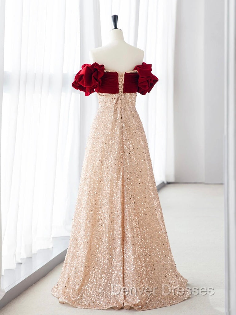 Champagne A-Line velvet Long Prom Dress, Champagne Tulle Sequin Long Formal Dress Secondary image