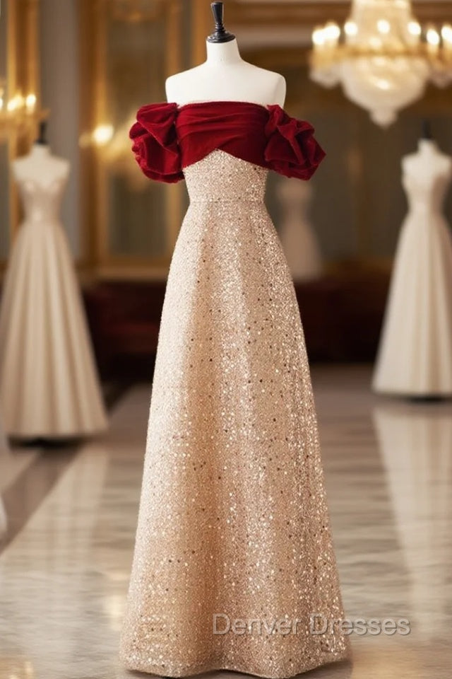Champagne A-Line velvet Long Prom Dress, Champagne Tulle Sequin Long Formal Dress Main image
