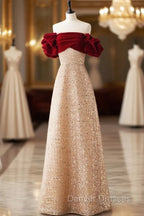 Champagne A-Line velvet Long Prom Dress, Champagne Tulle Sequin Long Formal Dress