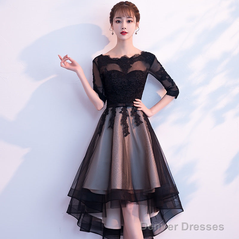Champagne And Black High Low Short Sleeves Party Dress, High Low Homecoming Dress Formal Dresses Secondary image