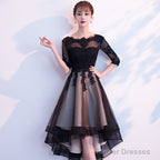 Champagne And Black High Low Short Sleeves Party Dress, High Low Homecoming Dress Formal Dresses