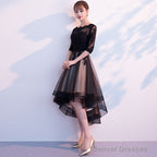 Champagne And Black High Low Short Sleeves Party Dress, High Low Homecoming Dress Formal Dresses