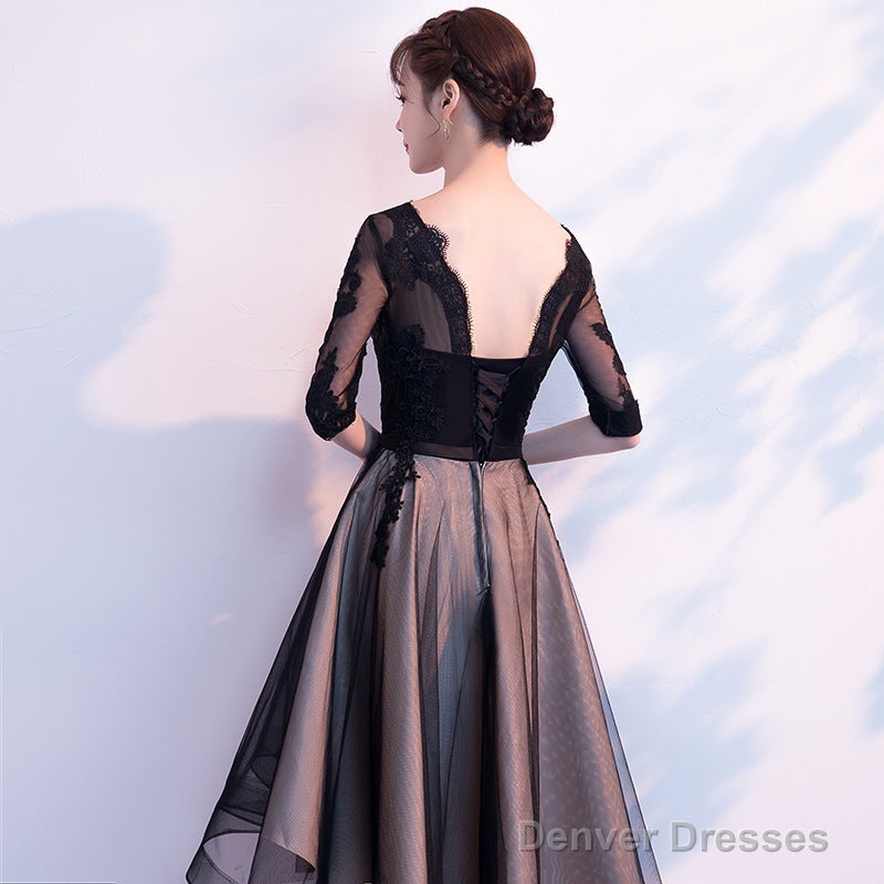 Champagne And Black High Low Short Sleeves Party Dress, High Low Homecoming Dress Formal Dresses
