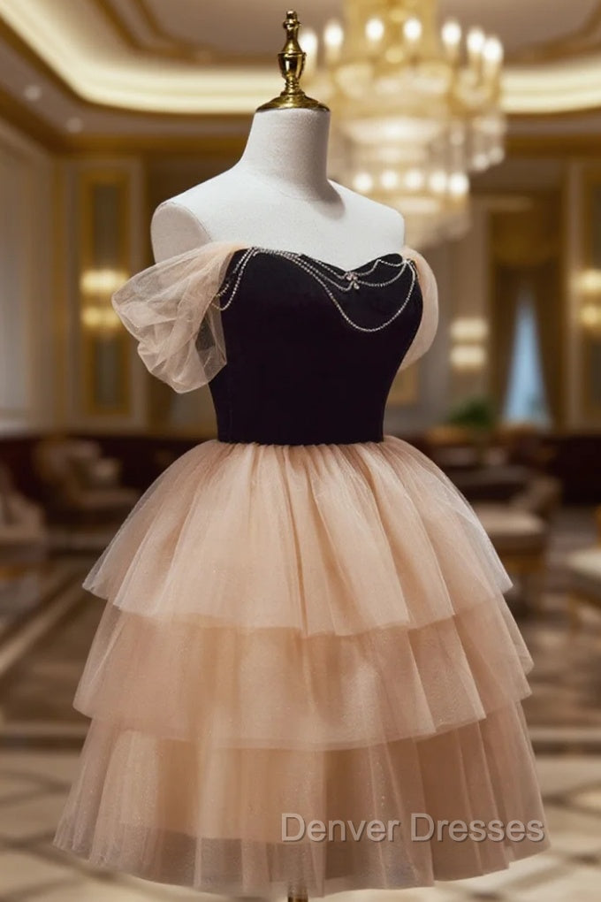 Champagne and Black Sweetheart Short Formal Dress, Tulle Homecoming Dress Main image