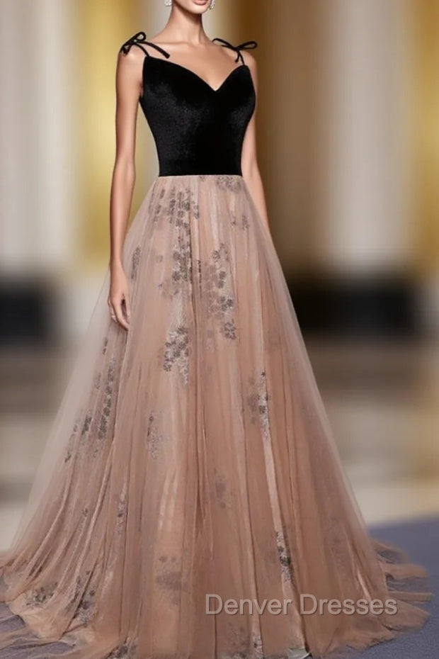 Champagne and Black Vevet Long Party Dresess, Straps Long Formal Dress Main image
