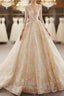 Champagne Ball Gown Lace Long Sleeve Beading Wedding Dress With Long Train