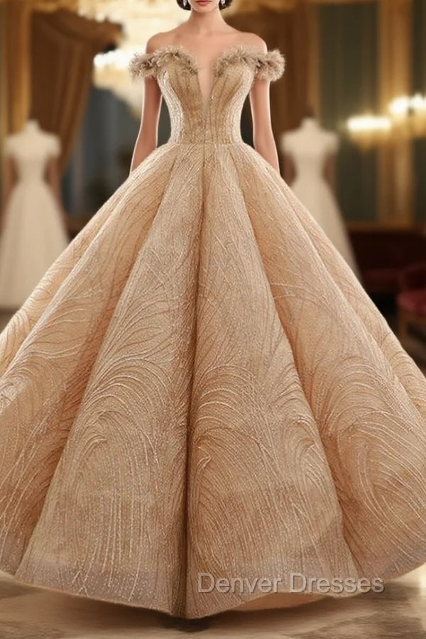 Champagne Ball Gown Off The Shoulder Sequins Long Wedding Dress Main image